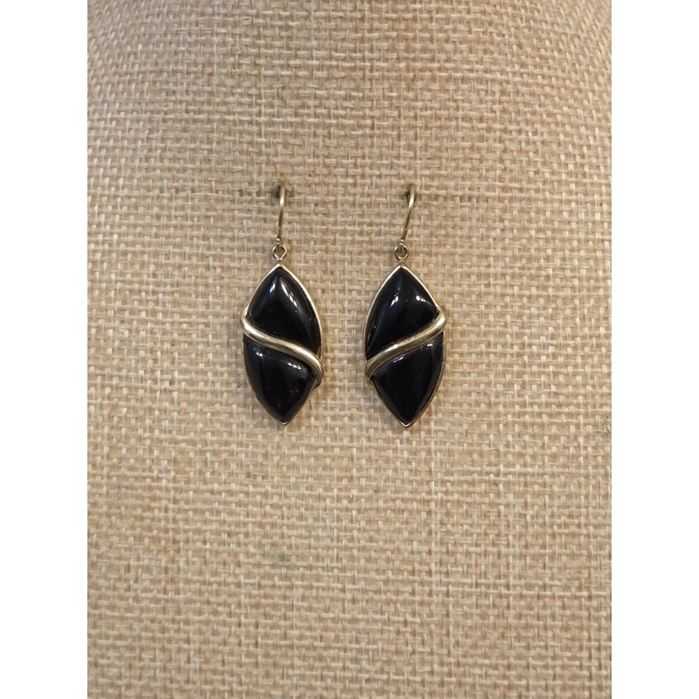 Vintage Lucas Lameth Sterling Silver Onyx Modernist Dangle Earrings Gold Tone